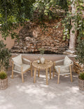 Roma 2 seater round garden bistro set seen from above, 80cm sunray table with two rope chairs