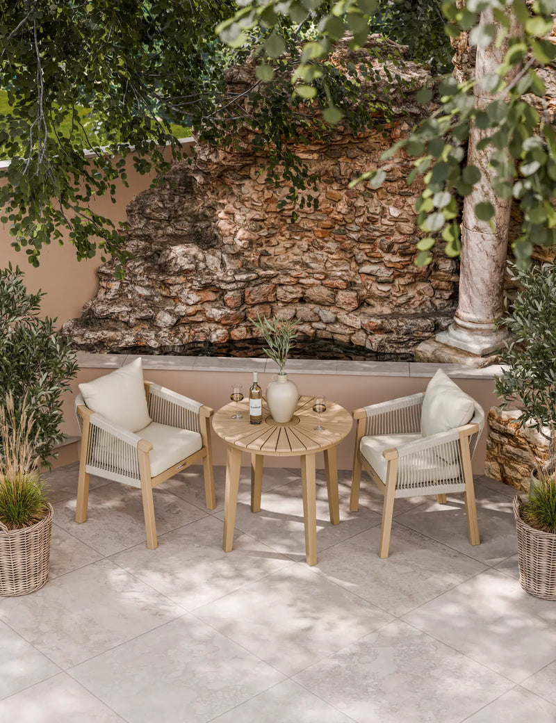 Roma 2 seater round garden bistro set seen from above, 80cm sunray table with two rope chairs