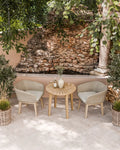 Roma 2 seater round garden bistro set with two sand-toned Eden Dawn chairs