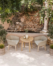 Roma 2 seater round garden bistro set with two sand-toned Eden Dawn chairs