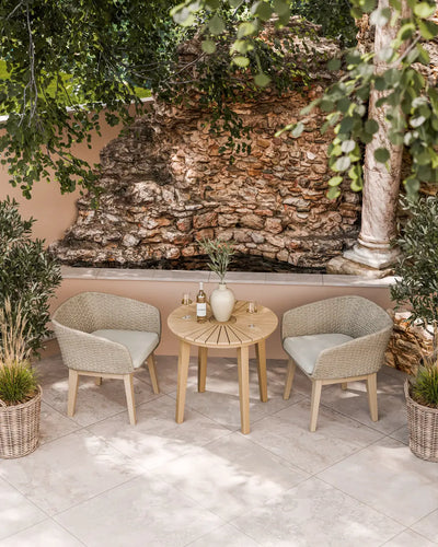Roma 2 seater round garden bistro set with two sand-toned Eden Dawn chairs