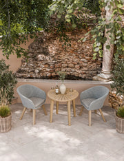 Roma 2 seater round garden bistro set from above, 80cm sunray table with two Sol rope chairs