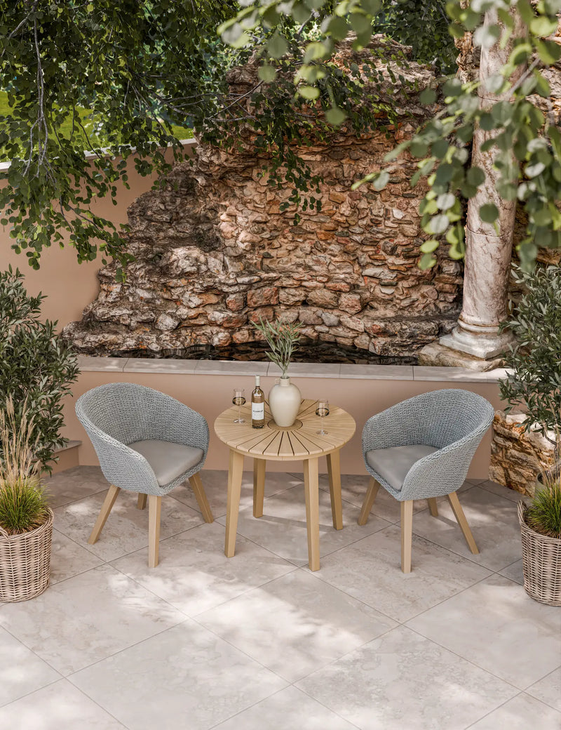 Roma 2 seater round garden bistro set from above, 80cm sunray table with two Sol rope chairs