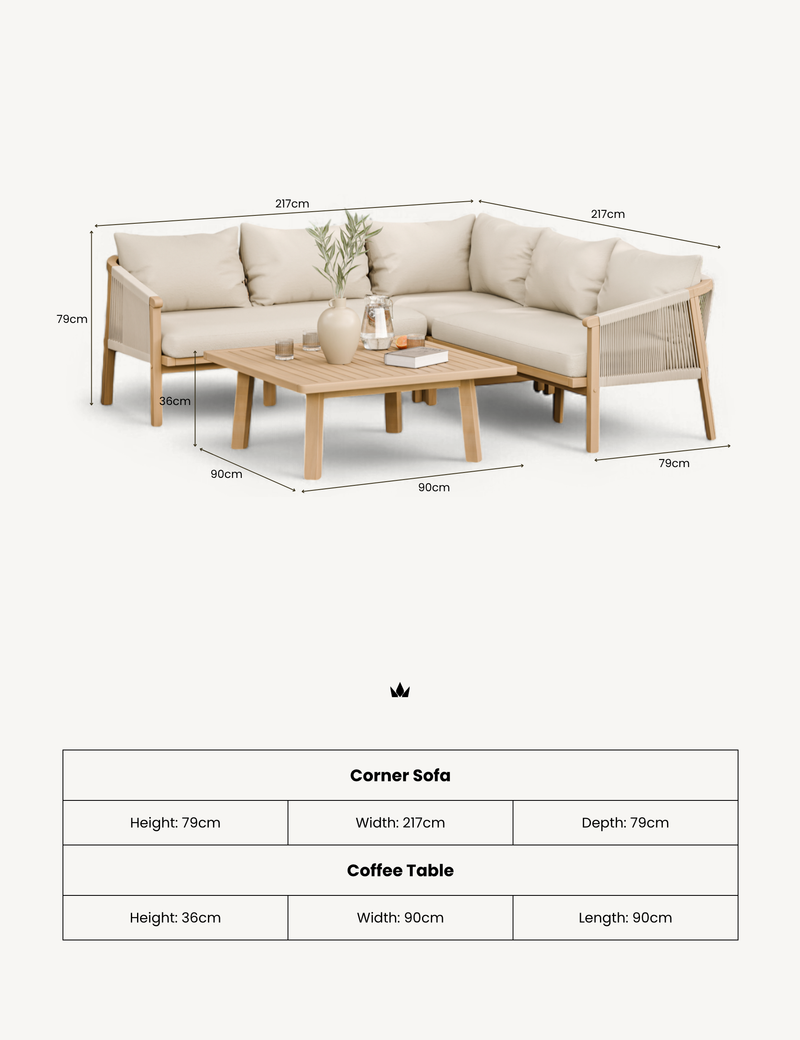Roma corner garden sofa set arranged as an L shape with coffee table