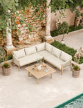 Roma 5 seater acacia wood corner garden sofa set seen from above with grey and beige cushions