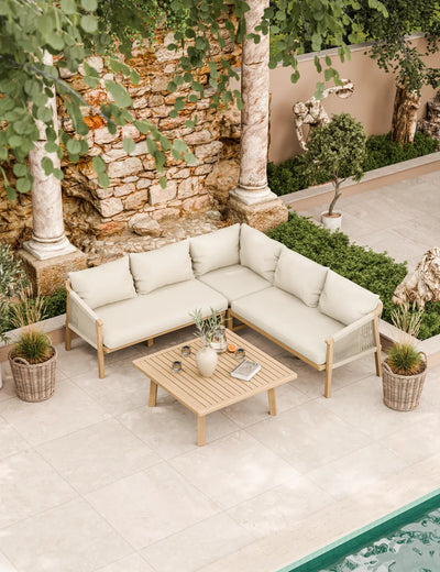 Roma 5 seater acacia wood corner garden sofa set seen from above with grey and beige cushions