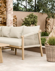 Roma acacia wood two-seater sofa with rope detailing and Olefin cushions