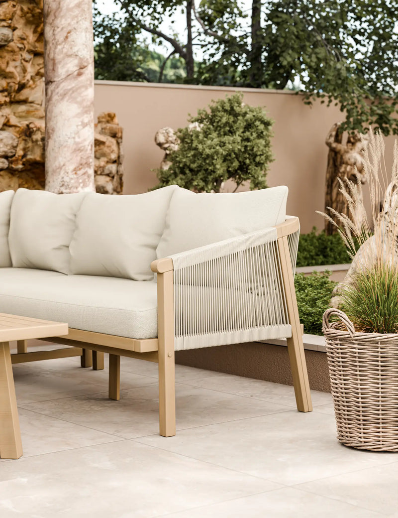 Roma acacia wood two-seater sofa with rope detailing and Olefin cushions