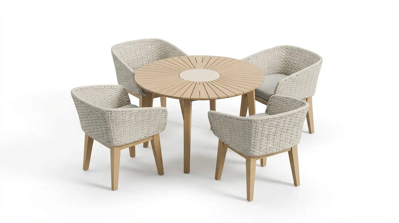 Roma sunray acacia table top and terrazzo centre insert with Eden Dusk chairs