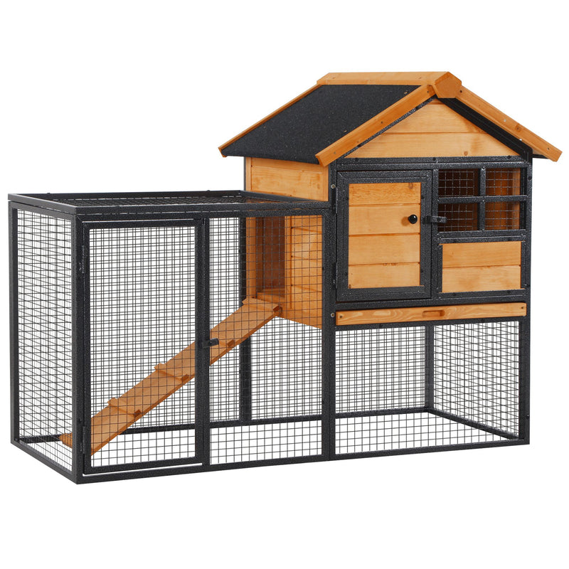Elevated Wooden Rabbit Hutch with Run for Outdoor Use Ideal for Guinea Pigs Light Yellow