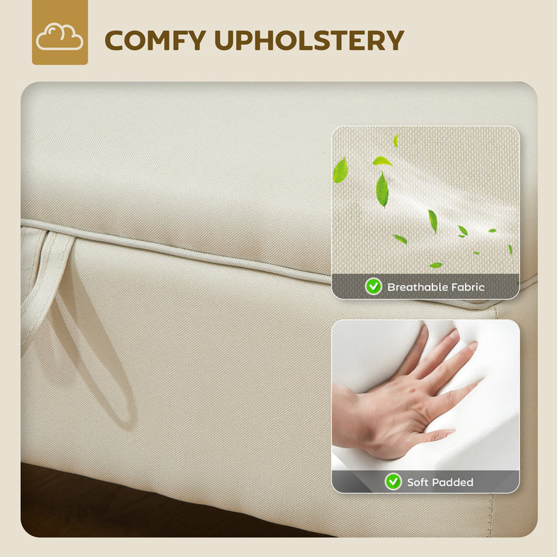 30L Beige Linen Storage Ottoman with Padded Seat and Wooden Legs for Bedroom or Hallway