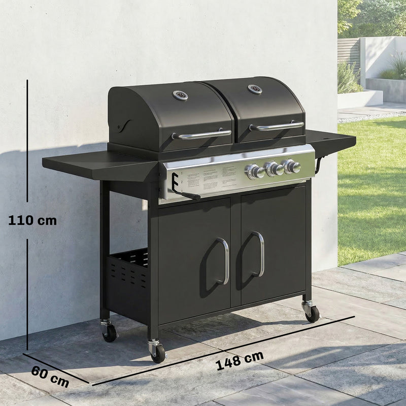 Dual Fuel BBQ Grill with 2900cm² Cooking Area, Side Burner and Storage Cabinet, Black Outsunny