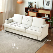 3 Seater Sofa with USB Charging Ports and Cup Holders for Living Room Cream White