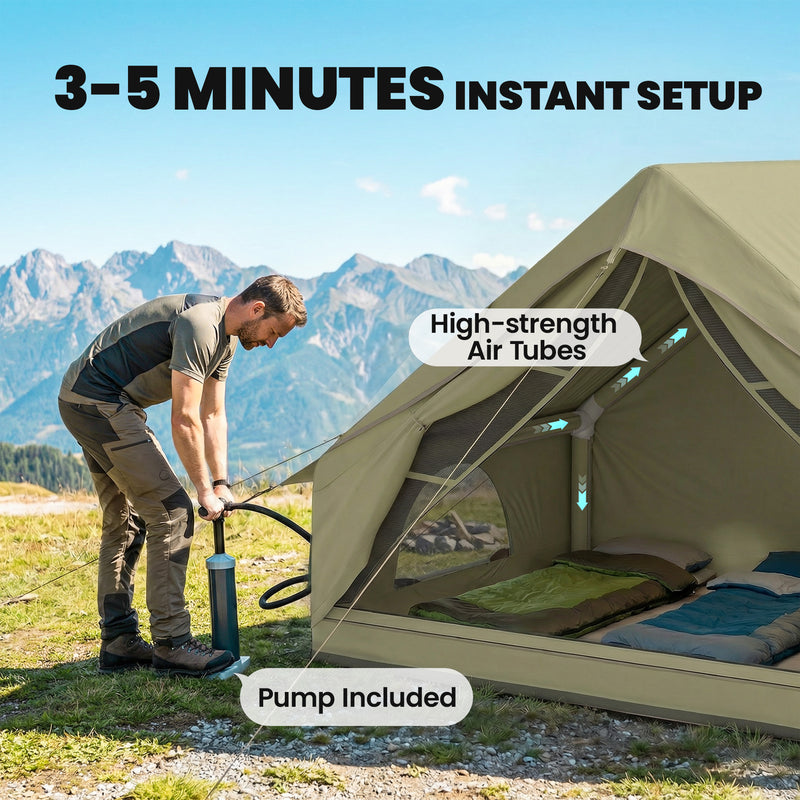 Inflatable Camping Tent With Pump, Waterproof 420D Oxford, 2–4 Person, Army Green
