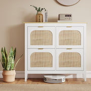 Slim Shoe Storage Cabinet for Hallway with Boho Style Rattan Doors and Oak Top Holds 20 Pairs White 105x24x95cm Homcom