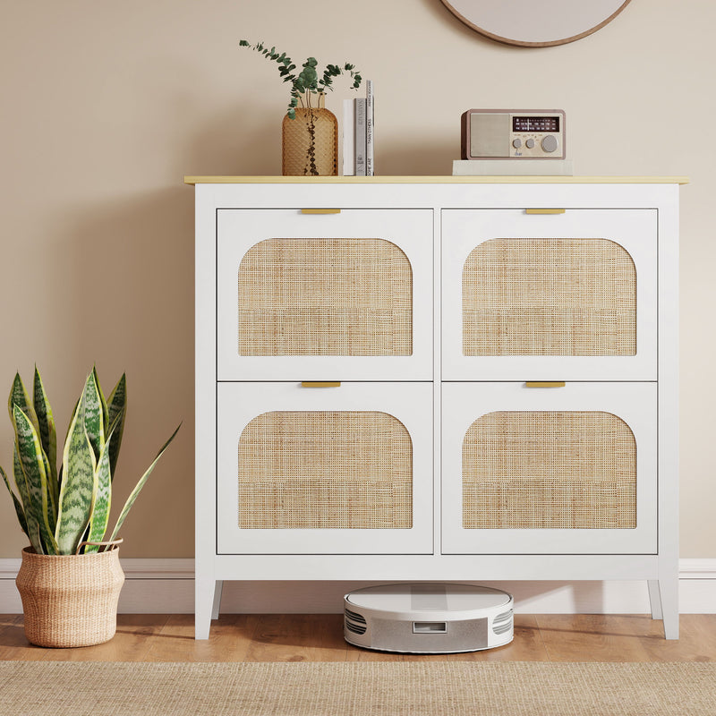 Slim Shoe Storage Cabinet for Hallway with Boho Style Rattan Doors and Oak Top Holds 20 Pairs White 105x24x95cm Homcom