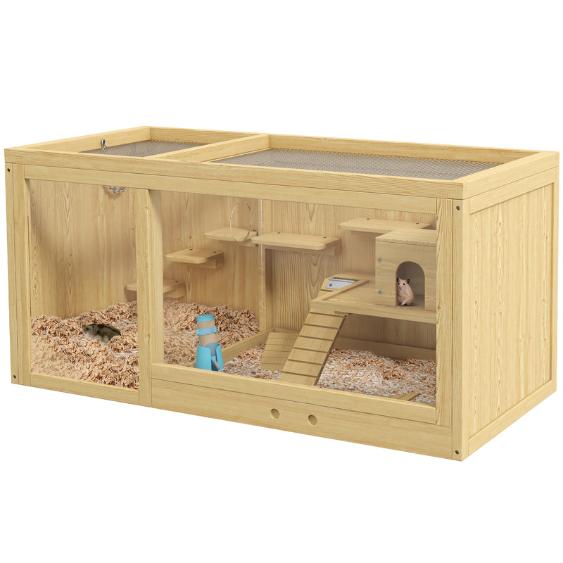 Wooden Hamster Cage with Water Bottle Platforms Openable Roof Sliding Tray and Seesaws by PawHut