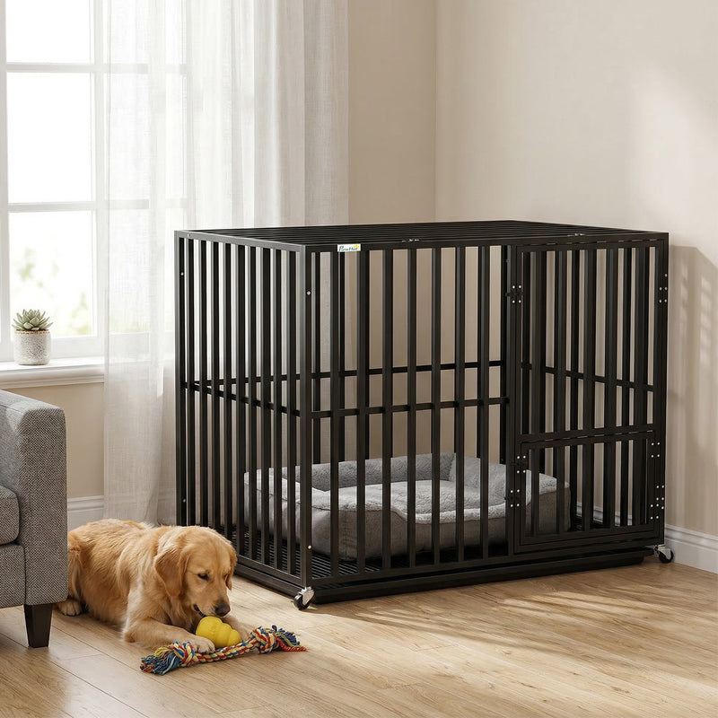 Heavy Duty Steel Dog Crate with Wheels and Removable Tray for Secure Home Use Black AOSOM