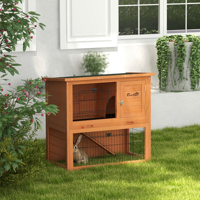 Two Tier Wooden Rabbit Hutch with Outdoor Run Ideal for Guinea Pigs and Bunnies Orange AOSOM