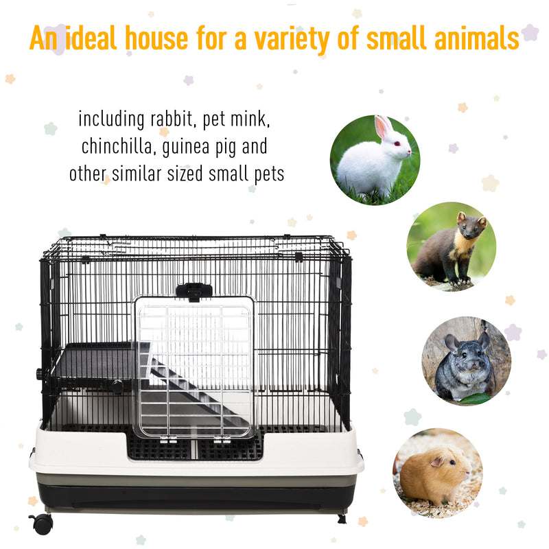 Small Animal Hutch with Waste Tray for Guinea Pigs and Rabbits Steel Wire Cage Black AOSOM