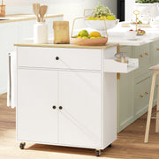 Rolling Kitchen Island Trolley with Drop Leaf Drawer and Storage Shelves White 106x42x87cm
