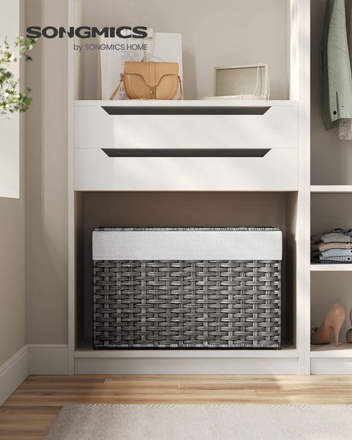 Grey 105L Wicker Laundry Basket with Lid Foldable Design and Removable Liners by Songmics