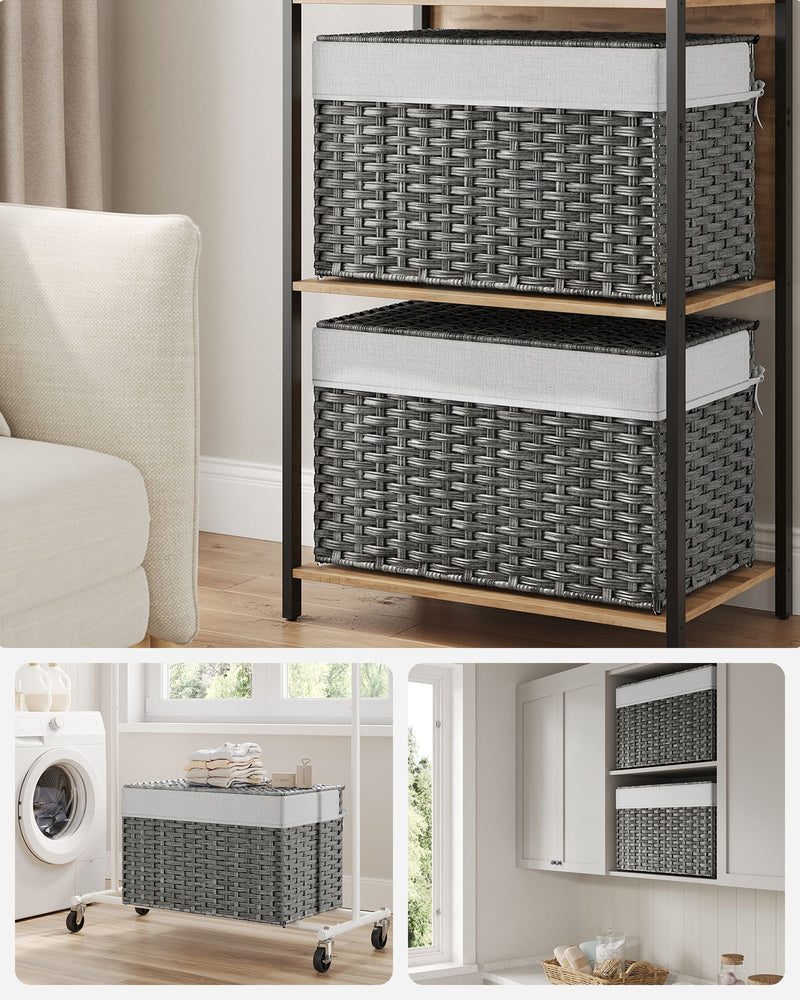 Grey 105L Wicker Laundry Basket with Lid Foldable Design and Removable Liners by Songmics