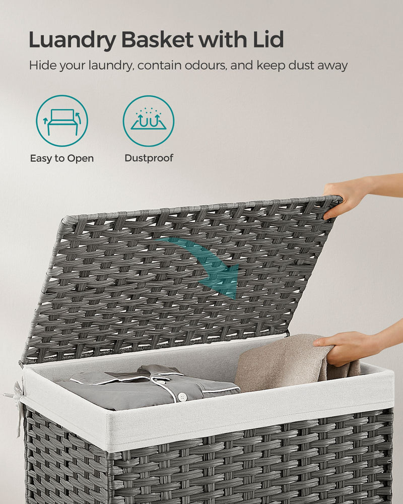 Grey 105L Wicker Laundry Basket with Lid Foldable Design and Removable Liners by Songmics