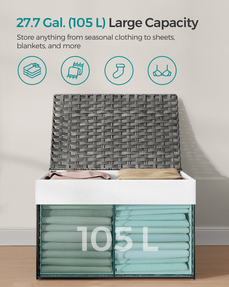 Grey 105L Wicker Laundry Basket with Lid Foldable Design and Removable Liners by Songmics