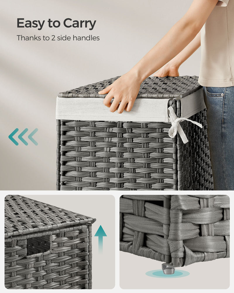 Grey 105L Wicker Laundry Basket with Lid Foldable Design and Removable Liners by Songmics