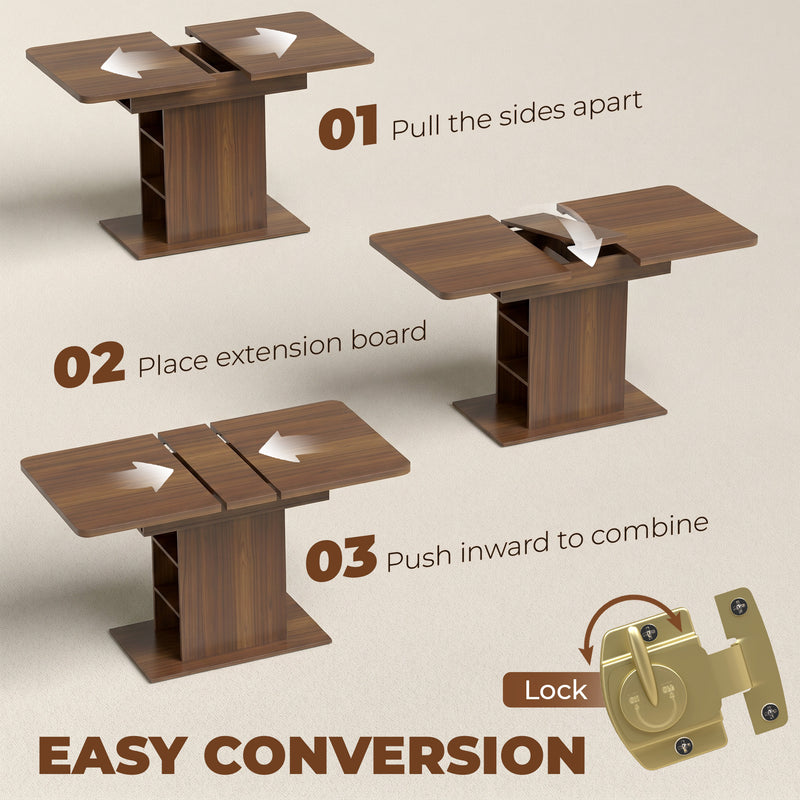 Extending Dining Table with Storage Shelves for Space Saving and Extra Seating Walnut Brown