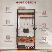 6 in 1 Industrial Hallway Organiser With Hooks and Shoe Bench For Entryway Brown Black