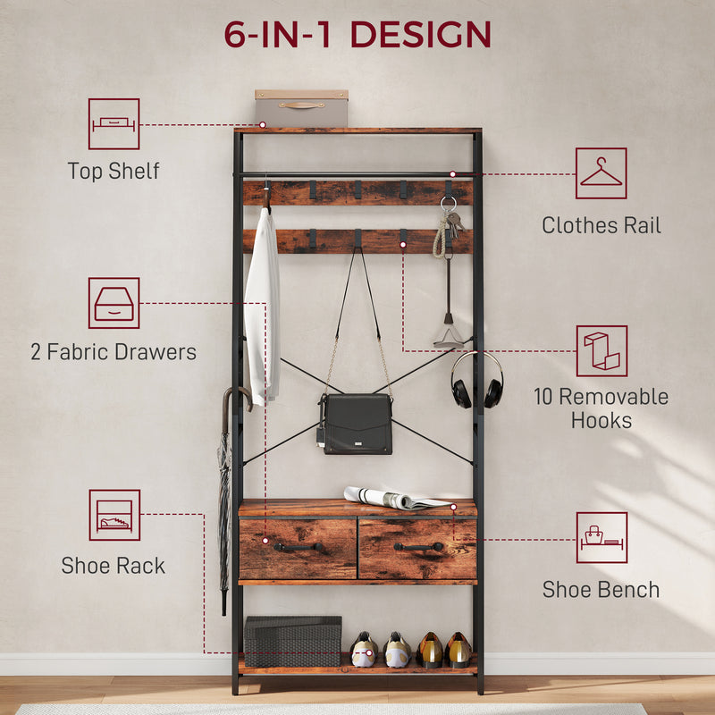 6 in 1 Industrial Hallway Organiser With Hooks and Shoe Bench For Entryway Brown Black