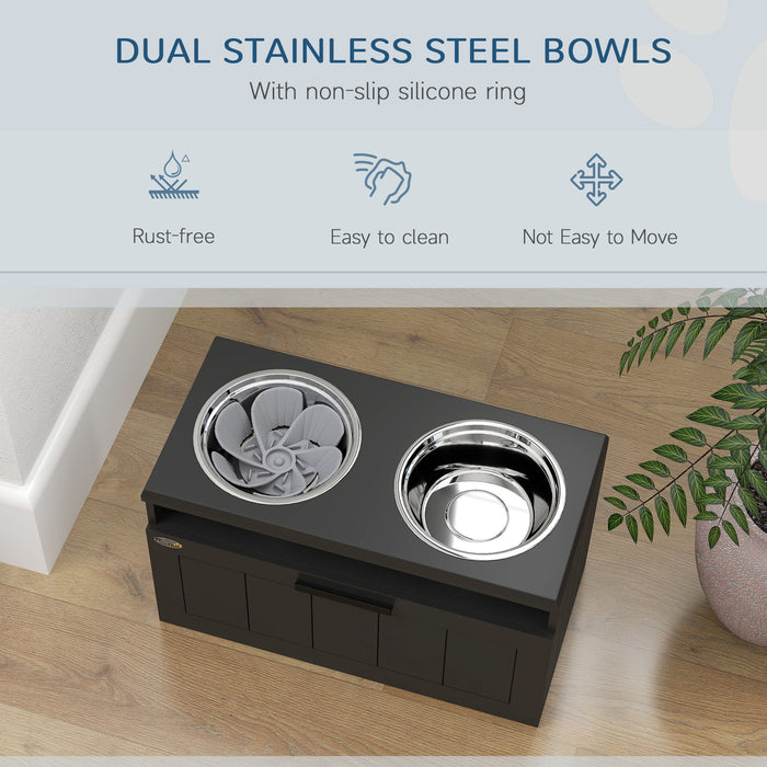 Raised Dog Bowl with Slow Feeder and Storage Drawer for Large Dogs Black by PawHut