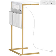 White C Shaped Bedside Table With Charging Station USB Ports and Storage for Bedroom or Lounge