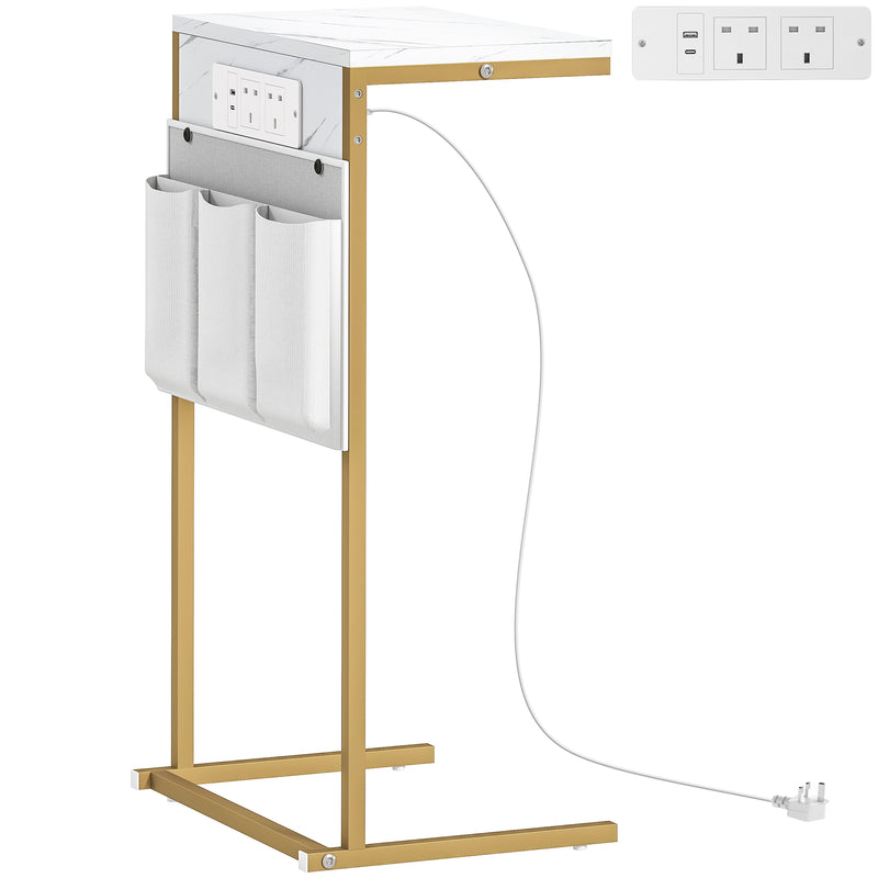 White C Shaped Bedside Table With Charging Station USB Ports and Storage for Bedroom or Lounge