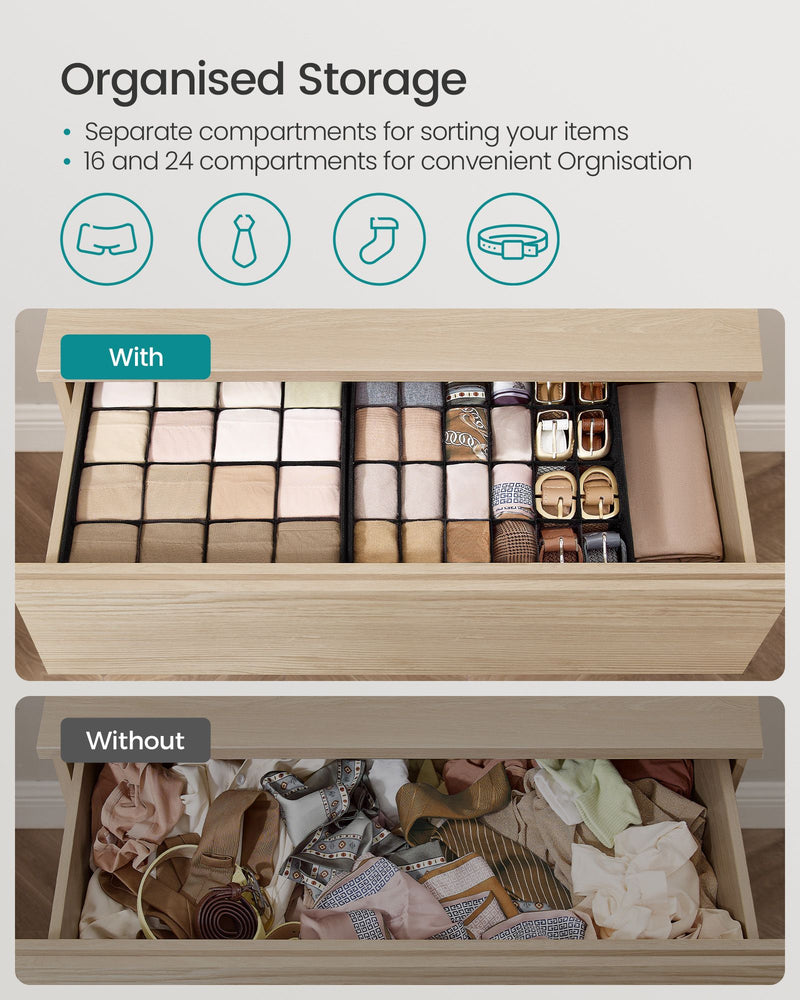 Set of 4 Black Drawer Organisers with 80 Compartments for Clothes and Accessories by Songmics