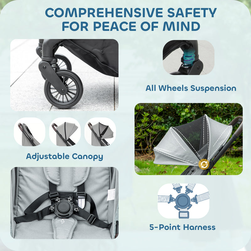 Foldable Baby Stroller with Adjustable Recline and Storage Basket Lightweight Light Grey AOSOM