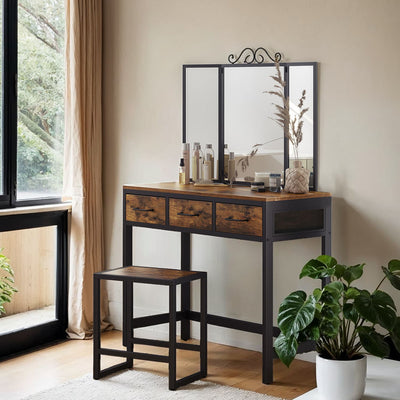 Rustic Dressing Table Set with Elegant Tri Fold Mirror, Stool, and 3 Drawers by Vasagle