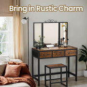 Rustic Dressing Table Set with Elegant Tri Fold Mirror, Stool, and 3 Drawers by Vasagle
