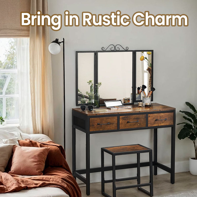 Rustic Dressing Table Set with Elegant Tri Fold Mirror, Stool, and 3 Drawers by Vasagle