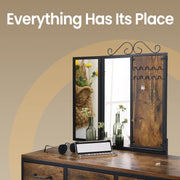 Rustic Dressing Table Set with Elegant Tri Fold Mirror, Stool, and 3 Drawers by Vasagle