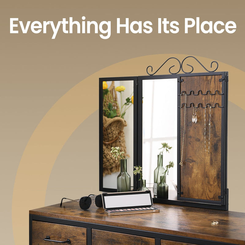 Rustic Dressing Table Set with Elegant Tri Fold Mirror, Stool, and 3 Drawers by Vasagle