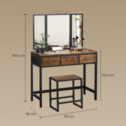 Rustic Dressing Table Set with Elegant Tri Fold Mirror, Stool, and 3 Drawers by Vasagle