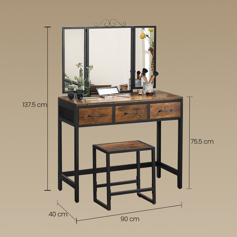 Rustic Dressing Table Set with Elegant Tri Fold Mirror, Stool, and 3 Drawers by Vasagle