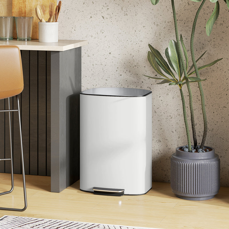 50L White Pedal Kitchen Bin with Soft Close Lid and Removable Inner Bucket for Home or Office