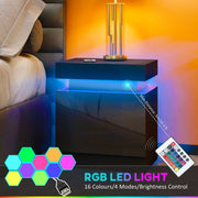 Black LED Bedside Table with High Gloss Front and 2 Drawers for Bedroom or Living Room by HOMCOM