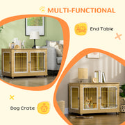 Wooden Dog Crate End Table with Double Doors and Soft Cushion for Indoor Use Oak Tone