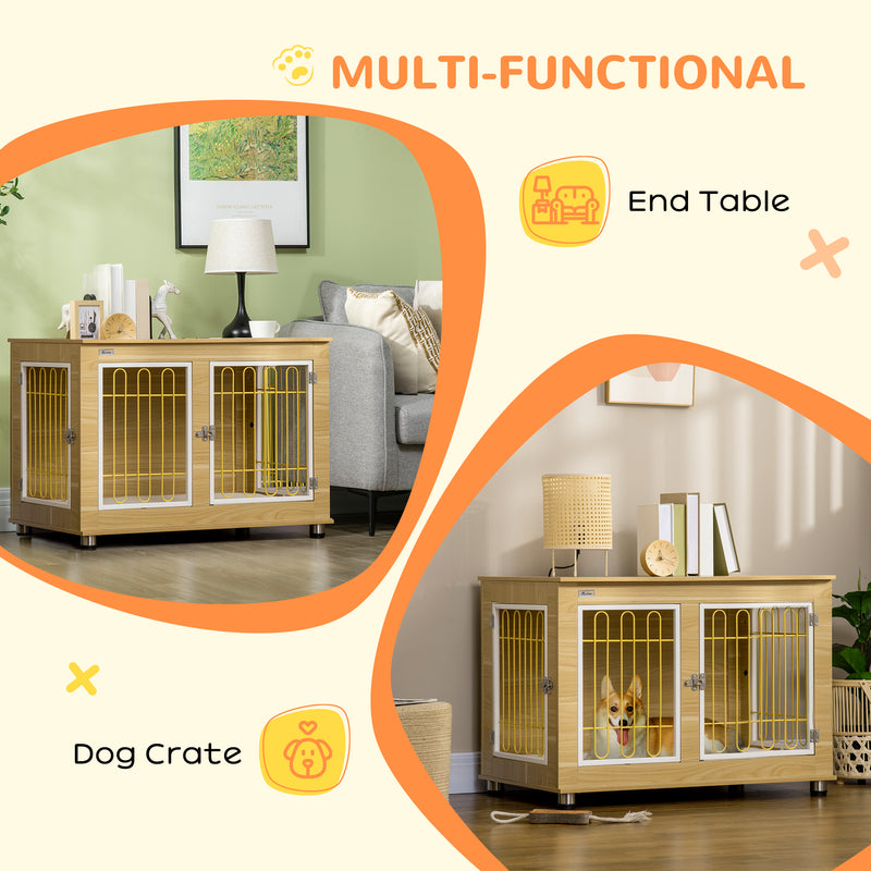 Wooden Dog Crate End Table with Double Doors and Soft Cushion for Indoor Use Oak Tone