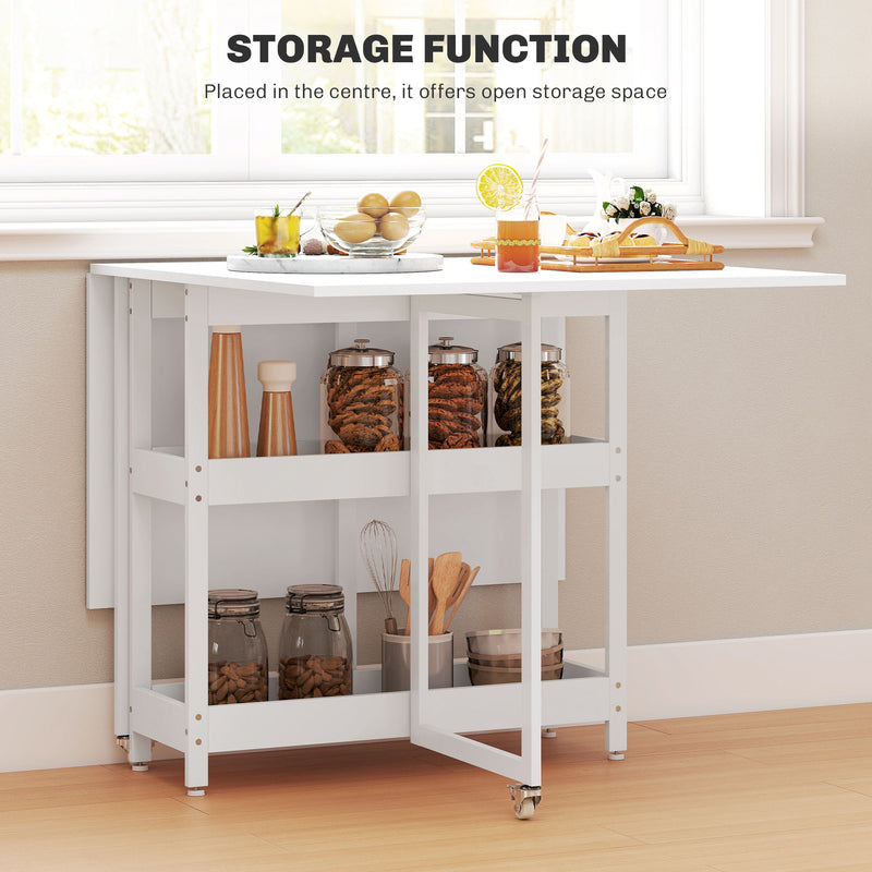 White Folding Drop Leaf Dining Table With Storage Shelves For Small Kitchens